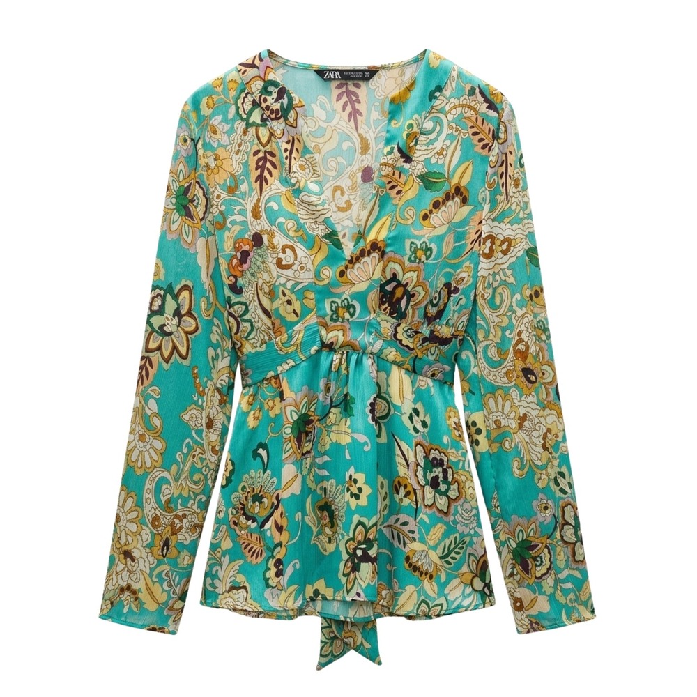 Zara Blouse Women Small Teal Paisley Floral Empire Waist‎ Tie Back Bell Sleeve